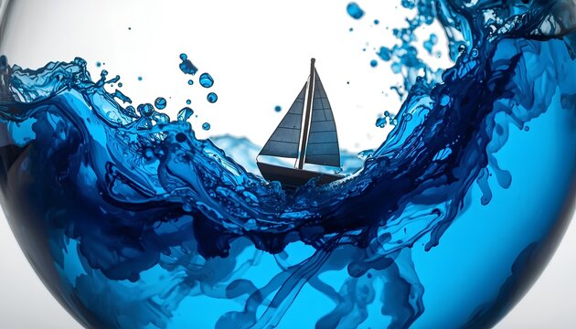 Miniature sailboat navigating through turbulent swirling blue liquid waves inside a glass bowl, financial market volatility and risk management concept