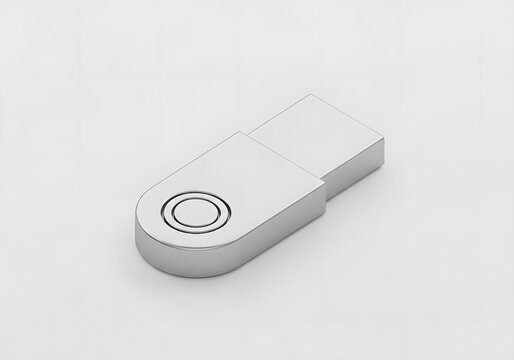 Flash drive with a circular biometric sensor sits isolated on a clean white background as a modern data storage product concept.