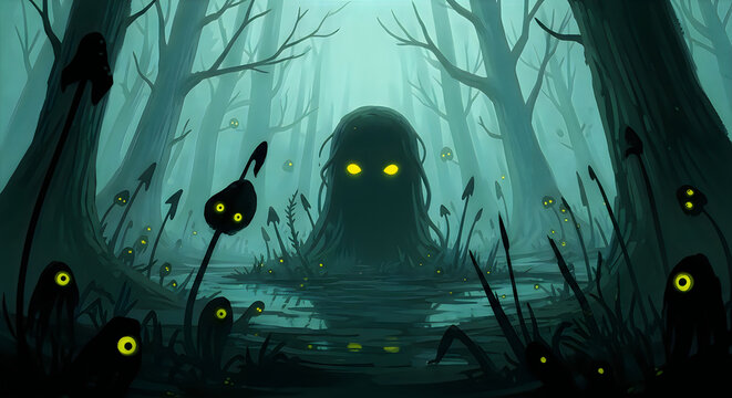 Spooky monster with glowing eyes in a dark misty halloween forest