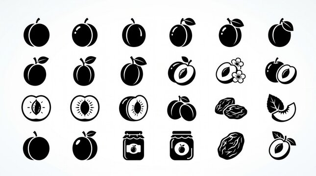 Plum fruit icon collection, vector set of whole and processed fruits, botanical