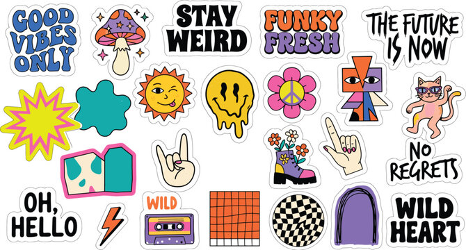Stay weird funky fresh good vibes only wild heart no regrets colorful stickers featuring mushrooms sun smiley face cat hand gestures flowers and geometric shapes
