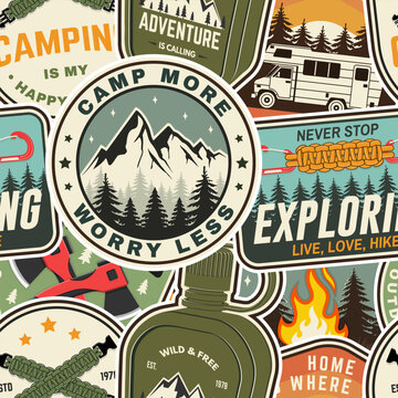 Seamless Retro Camping Badge Pattern Vector, Vintage Outdoor Adventure Sticker Background. For Fabric, Textile, Apparel, Wrapping Paper, Wallpaper, Backgrounds and Surface Design