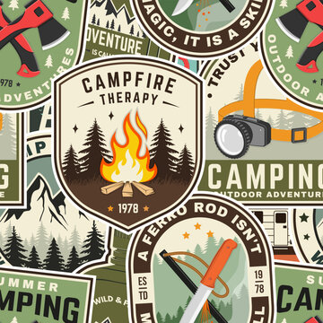 Seamless Vintage Camping Sticker Pattern Vector, Retro Outdoor Adventure Badge Background. For Textile, Fabric, Wallpaper, Surface Pattern, Wrapping Paper, Scrapbooking, Packaging, Backgrounds and