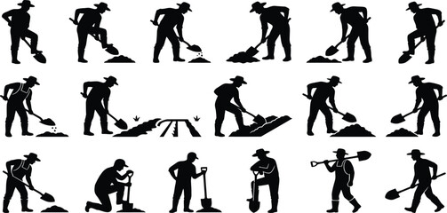 farming digging worker silhouette set, agricultural male farmer vector shapes, shovel spade soil work icons, countryside land cultivation collection for artwork © RABBI