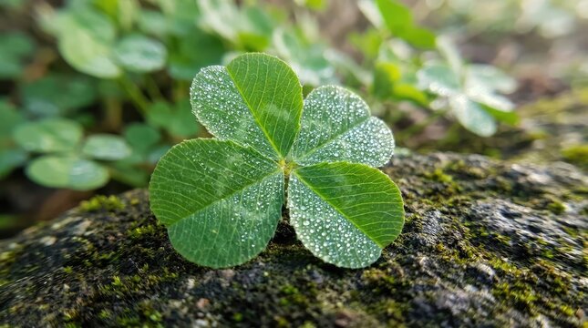 Green three leaf clover with morning dew drops.