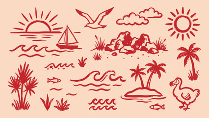 Hand-drawn tropical island and ocean vector illustration set with palm trees, sailboat, sun, waves, and dodo bird for summer travel design © Zyariss