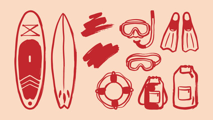Hand drawn water sports equipment vector icons including surfboard paddleboard snorkel mask flippers and dry bag for summer recreation design © Zyariss