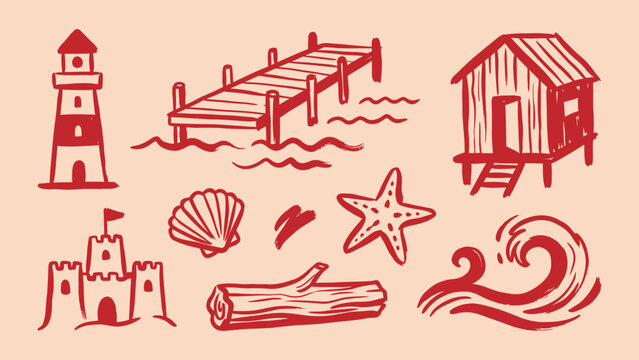 Hand drawn coastal vector icons set featuring lighthouse pier beach shack sandcastle starfish seashell driftwood and ocean wave