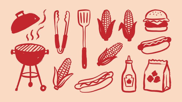 Barbecue grill and summer picnic food vector icon set with hamburger hot dog corn charcoal and utensils in hand drawn doodle style