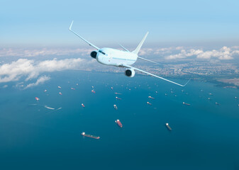 Naklejka premium Aerial view, Oil tankers and gas ships waiting in the bay. Waiting to unload oil load from pipeline in the sea to wait for onward transportation.