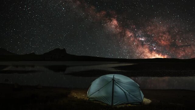 Camping in the mountains and small lake on the bright Milky Way background. Time lapse.