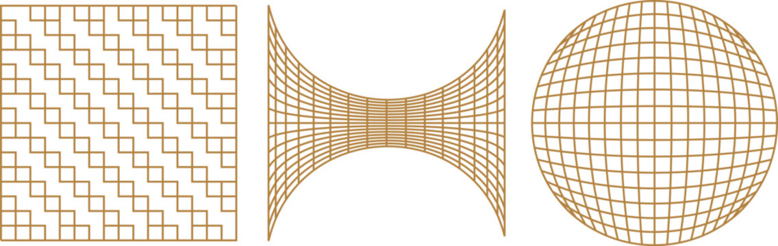 Geometric wireframe vector set, golden linear grid patterns with sphere and distorted mesh, 3 abstract architectural line art elements for modern branding and web design