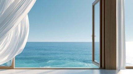 Fototapeta premium Curtains billow from an open window, revealing a beautiful turquoise ocean and clear blue sky, evoking a sense of tranquility, freedom, and vacation