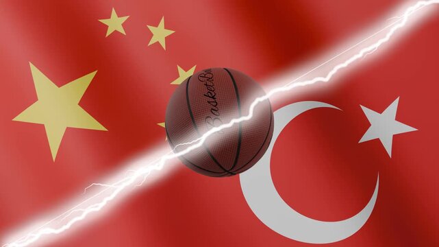Spinning basketball ball against waving flags Turkey and China separated by a diagonal electric effect, seamless 4k loop