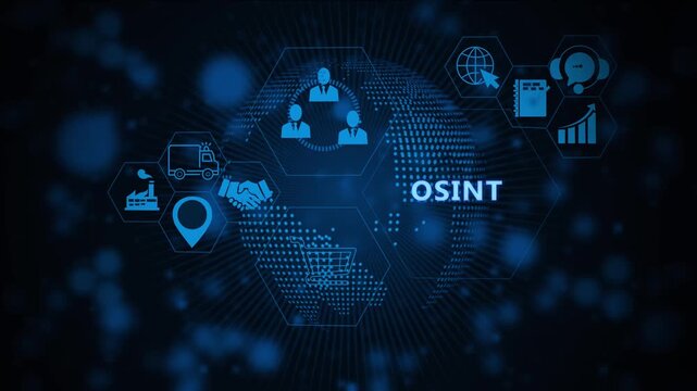 Advanced osint digital intelligence network interface featuring global data analytics, cybersecurity monitoring, strategic information gathering, and futuristic cyber warfare technology