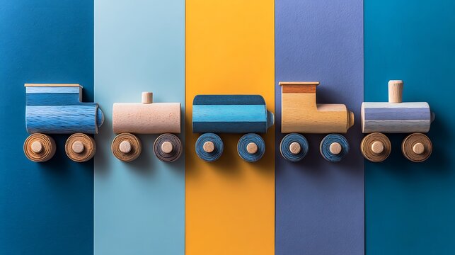 Toy trains painted in soft pastel colors stand in a row upon a multi-colored background to represent childhood play and creative imagination.