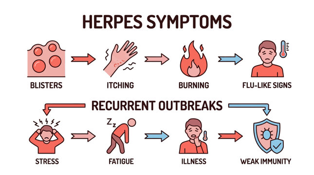 Medical Infographic of Herpes Symptoms and Recurrent Outbreaks featuring icons for blisters, itching, and fatigue ideal for healthcare blogs and medical education.