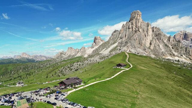 Giau Pass drive with mountains in Italy Dolomites by drone