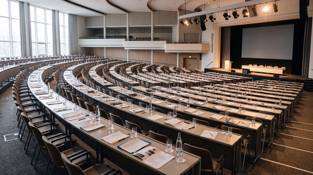 Empty conference plenary hall at night with curved rows of desks, abandoned papers and half drunk water glasses