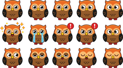 Obraz premium Cute Owl Cartoon Character Vector Emoji Sticker Set with Fifteen Different Facial Expressions and Mood Emoticons Isolated on White Background