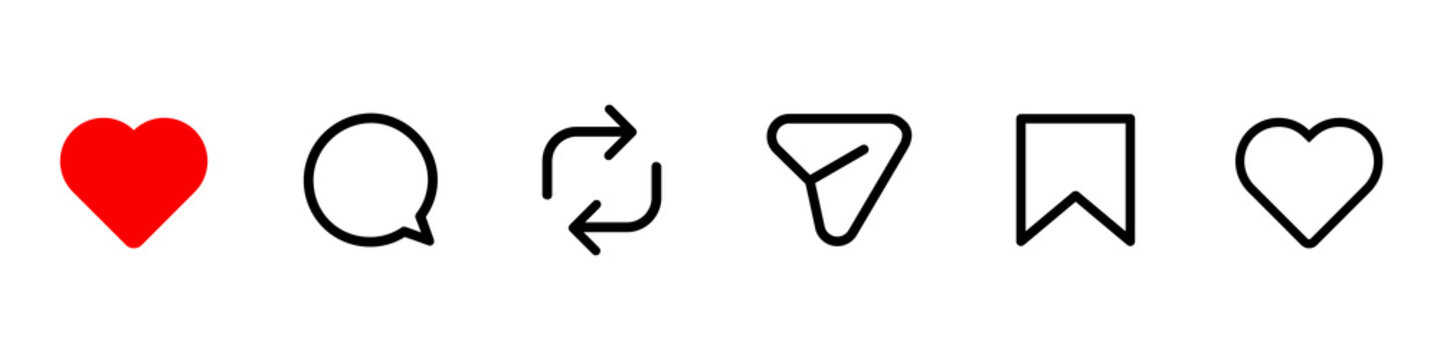 Instagram notification outline icon set including symbols of like, comment, repost, share and save, social network post reactions - vector