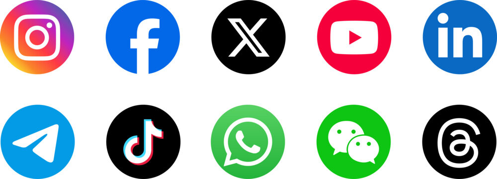 social media icon set of facebook, instagram, x, youtube, threads, telegram, whatsapp, tiktok, linkedin, wechat, popular social network logos for apps and websites