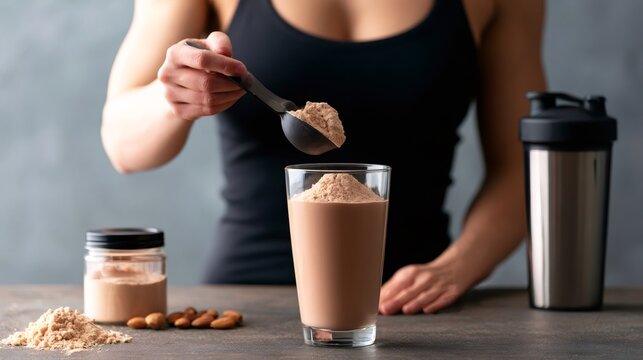 Woman's hand holding a scoop of protein powder. Adding it to a glass of chocolate flavored shake. With a jar of powder. Almonds. And a shaker bottle nearby on a dark table