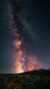 Beautiful night landscape with bright Milky Way on the  starry night sky.
