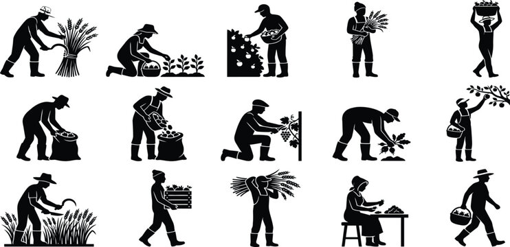 harvesting farmer silhouette set, agricultural male female worker vector shapes, crop sickle fruit picking icons, farming harvest collection for website artwork