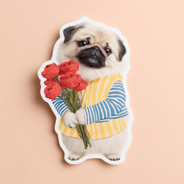Cute pug wearing a striped sweater holds flowers while standing against a pastel background