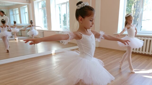 Little girl in white tutu practices ballet in bright studio