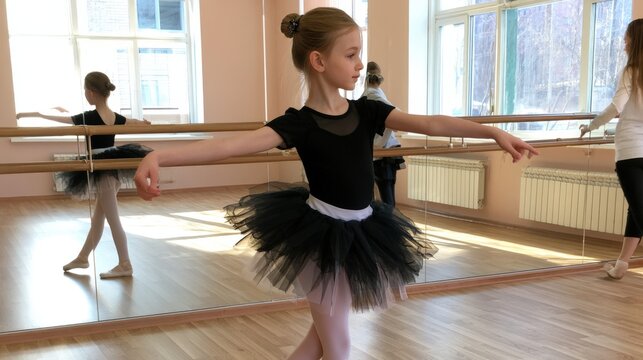 Young ballerina practices ballet in a bright studio