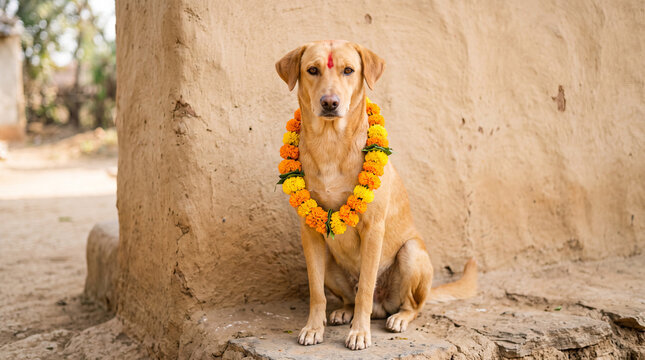 A street dog sitting calmly wearing a marigold garland with a red mark on its forehead in morning sun