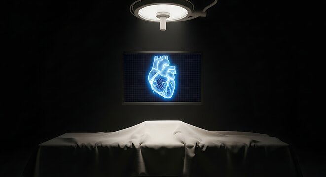 Bright Neon Heart Diagram Above Covered Operating Table in Dark Room
