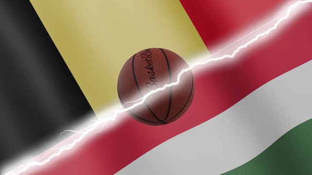 Spinning basketball ball against waving flags Hungary and Belgium separated by a diagonal electric effect, seamless 4k loop