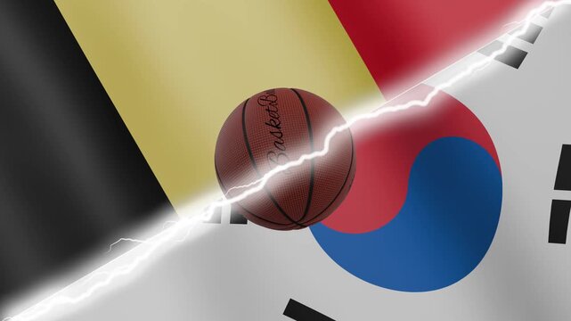 Spinning basketball ball against waving flags South Korea and Belgium separated by a diagonal electric effect, seamless 4k loop