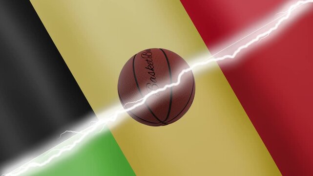 Spinning basketball ball against waving flags Mali and Belgium separated by a diagonal electric effect, seamless 4k loop