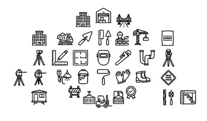 Fototapeta premium Modern Building Construction Line Icon Collection Editable Stroke Architecture Civil Engineering Infrastructure and Contractor Vector Set
