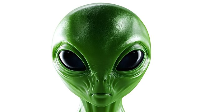 Green extraterrestrial humanoid creature with an elongated head, prominent large black eyes, and a small facial structure, standing against a clean white background