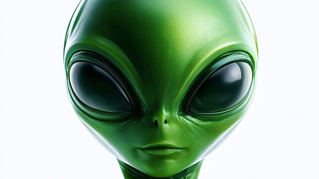 Close up view of a green alien creature with large dark eyes, representing themes of ufos, science fiction, outer space, and contact with intelligence from another planet