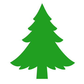 Green evergreen pine tree icon with layered branches and a clean symmetrical silhouette isolated on white background, simple vector illustration for Christmas, winter, nature, forest, holiday 
