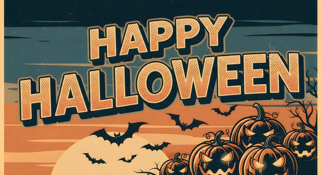 Vintage style happy halloween poster design featuring pumpkins and flying bats