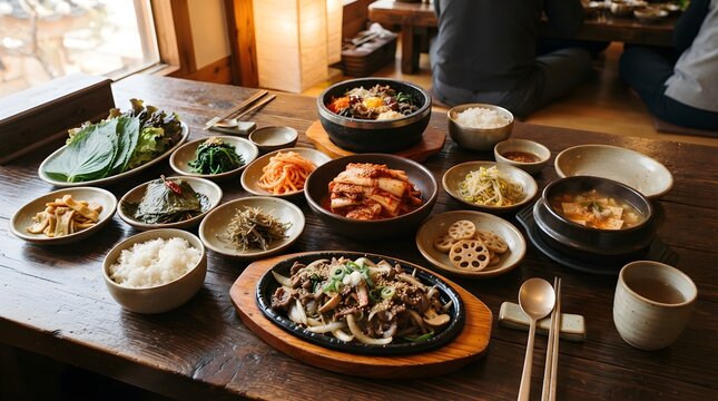 Generous Korean-style family feast arranged across a rustic wooden table with sizzling bowls, rice, soups, vegetables and flavorful side dishes, presenting a comforting communal Asian meal rich in tra