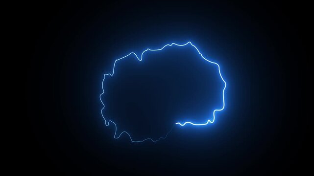 Neon blue glowing map outline of north macedonia on a dark black background