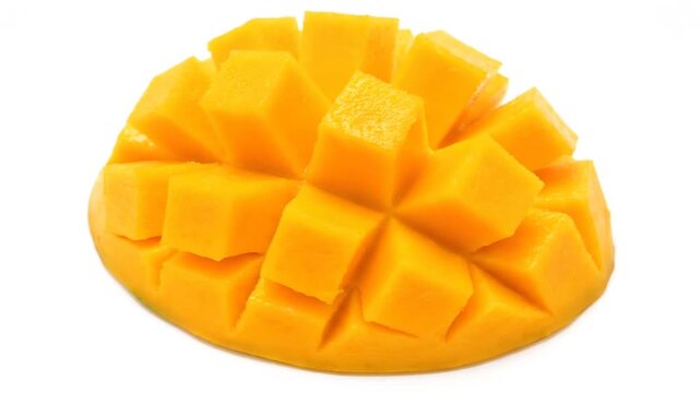 Freshly Cut Mango Cubes Isolated on White Background