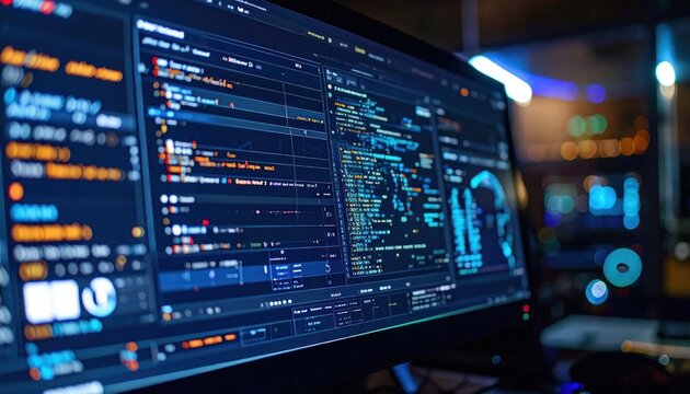 Multiple computer monitors showing computer code and data streams.