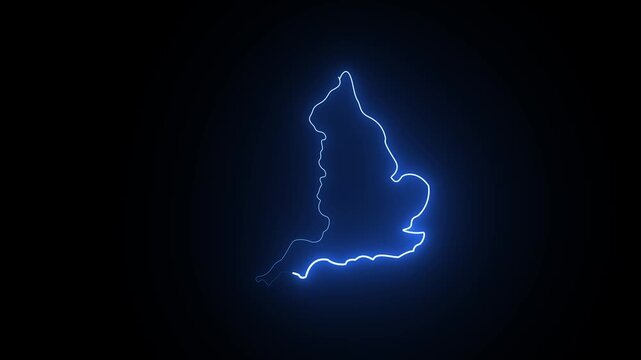 Glowing neon blue outline map of england on a dark black background
