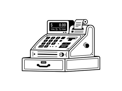 Vintage cash register illustration electronic display and keyboard for transactions