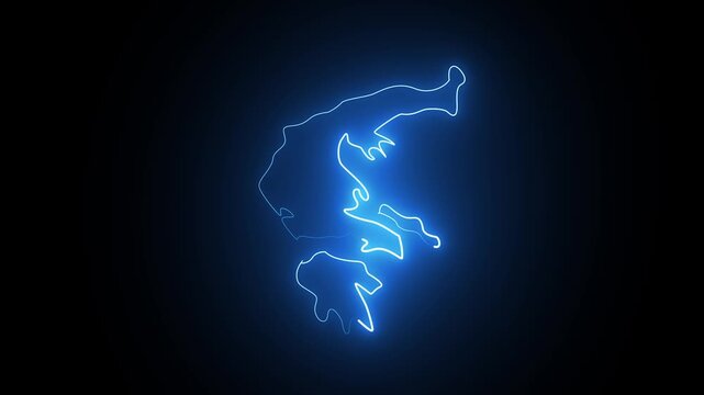 Glowing blue neon outline map of greece on a dark black background