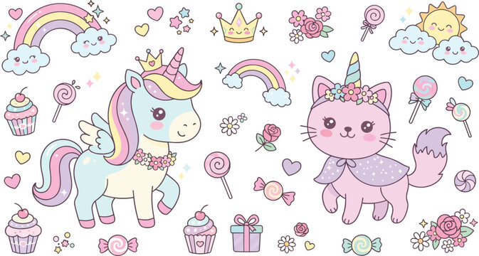 Cute Kawaii Unicorn and Caticorn Vector Clipart Set with Rainbows, Cupcakes, Candies, and Pastel Fantasy Elements for Birthday Designs and Children Illustrations